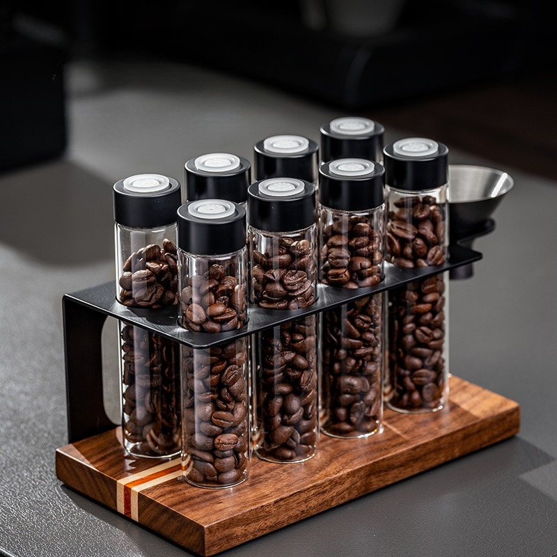 Kitchen Zo - JUSTINLAU Glas-Kaffeebohnen-Aufbewahrungsgläser Luftdicht mit 1-Wege-Ventil Holz-Präsentationsregal